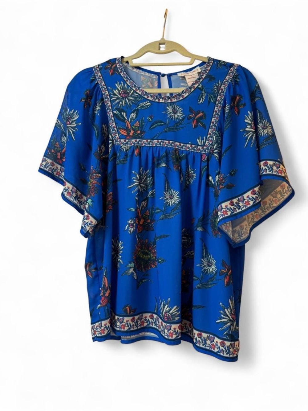 Flying Tomato Royal Blue Floral Flutter-Sleeve Blouse